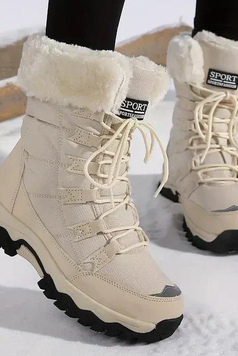 Women's Waterproof Lace-Up Mid-Calf Winter Boots with Faux Fur Cuff 0