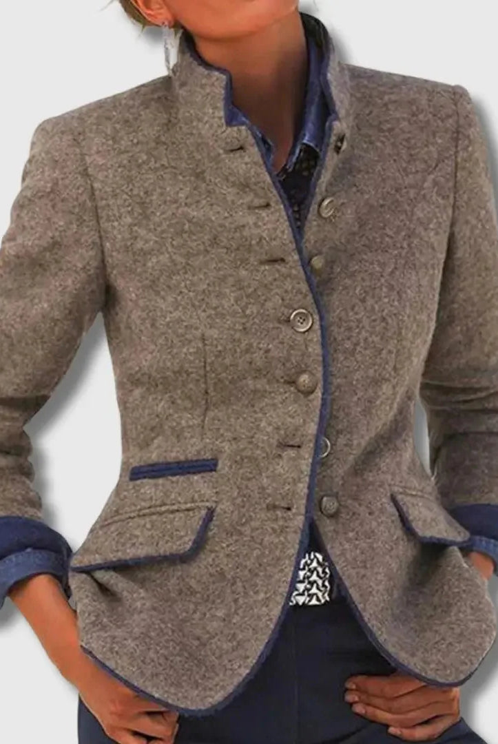 Women's Wool Blazer with Contrast Trim and Button Closure 0