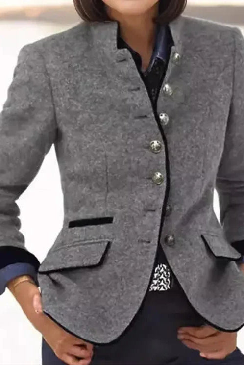 Women's Wool Blazer with Contrast Trim and Button Closure 1