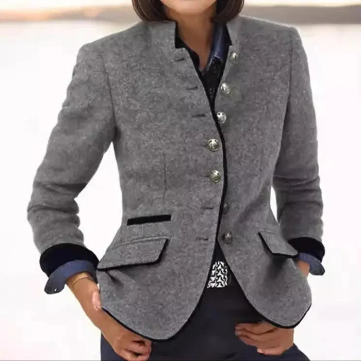Women's Wool Blazer with Contrast Trim and Button Closure 1