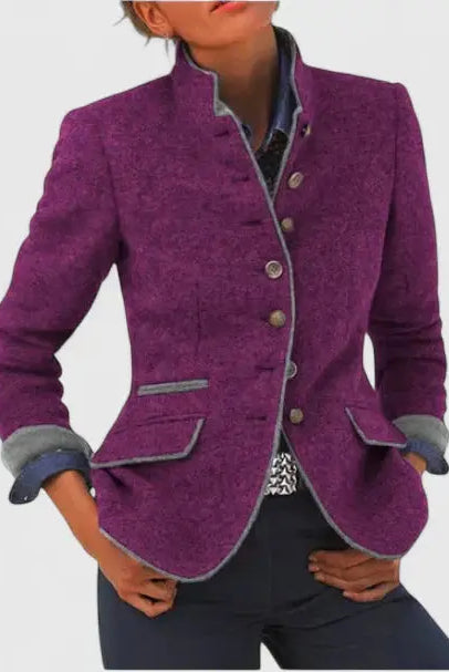 Women's Wool Blazer with Contrast Trim and Button Closure 2