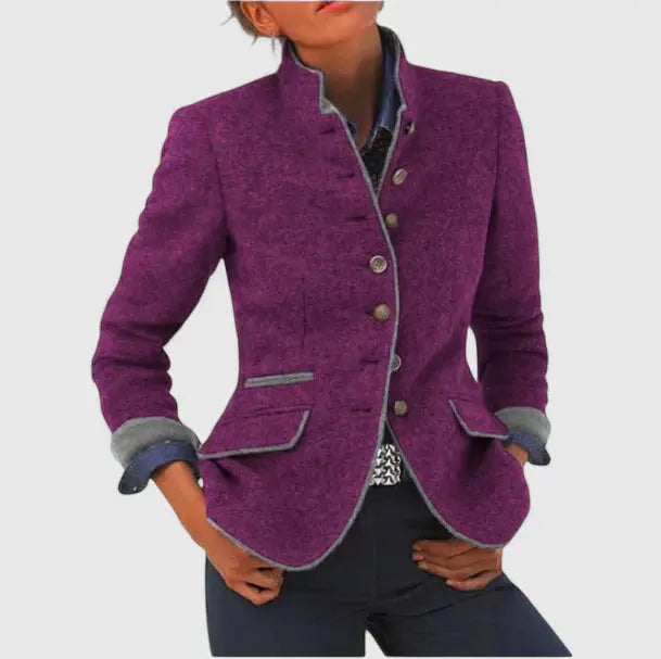 Women's Wool Blazer with Contrast Trim and Button Closure 2