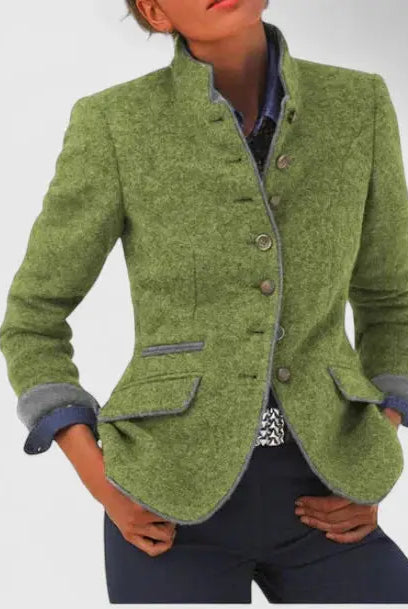 Women's Wool Blazer with Contrast Trim and Button Closure 3