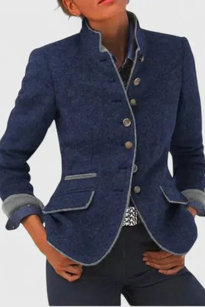 Women's Wool Blazer with Contrast Trim and Button Closure 4