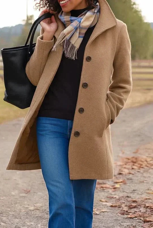 Women's Wool Blend Pea Coat with Button Front and Notched Lapel Collar 0