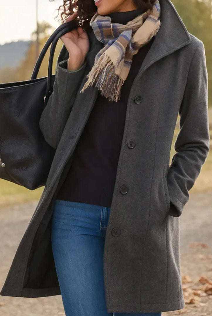 Women's Wool Blend Pea Coat with Button Front and Notched Lapel Collar 1