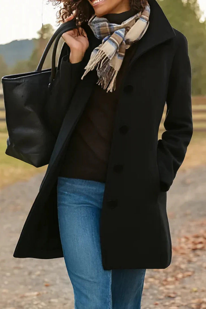 Women's Wool Blend Pea Coat with Button Front and Notched Lapel Collar 2