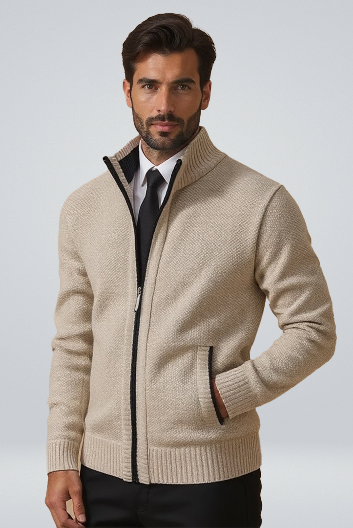 Men's Zip-Up Cardigan with High Collar and Ribbed Cuffs - 1