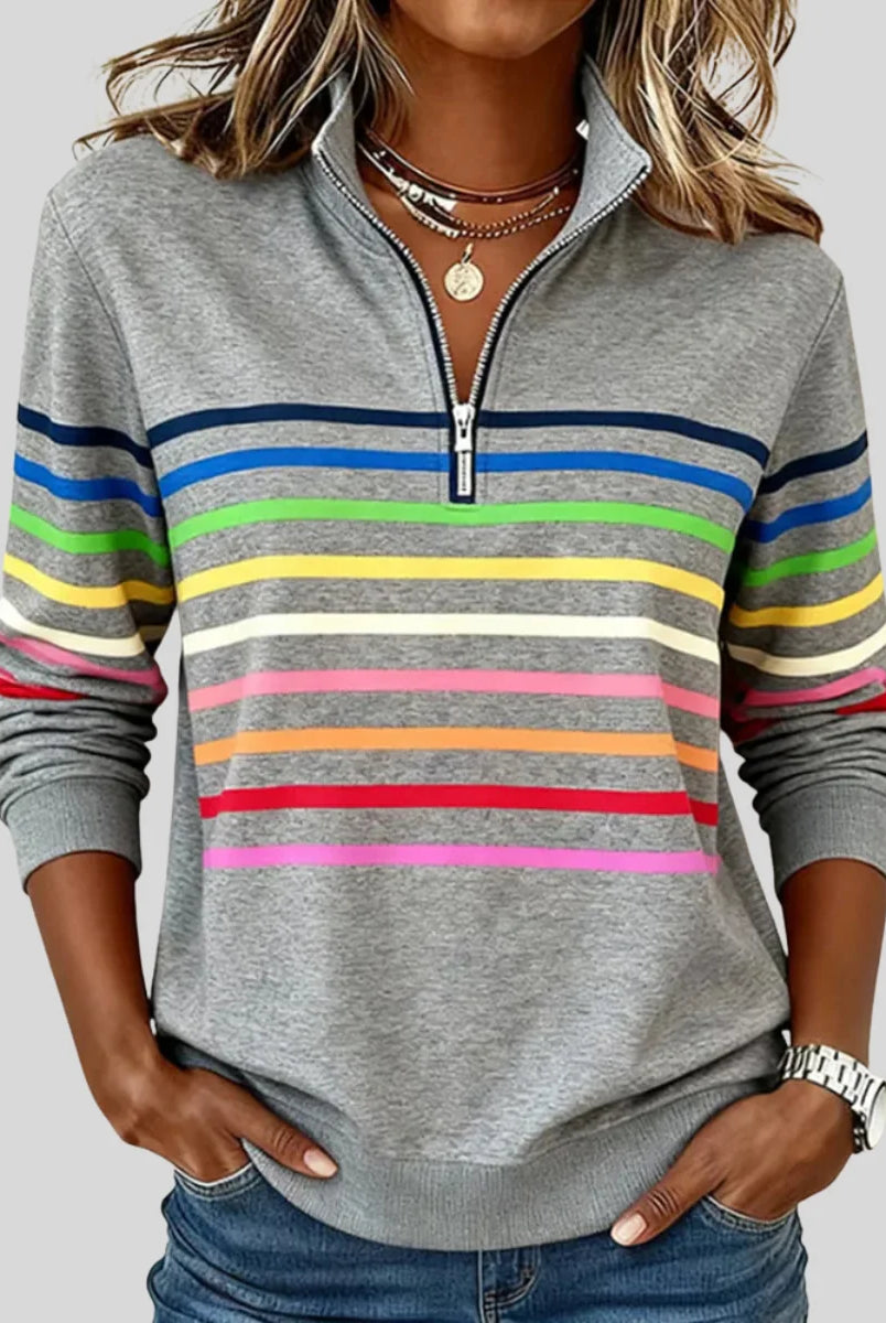 women's Striped Quarter-Zip Sweatshirt with Relaxed Fit 0
