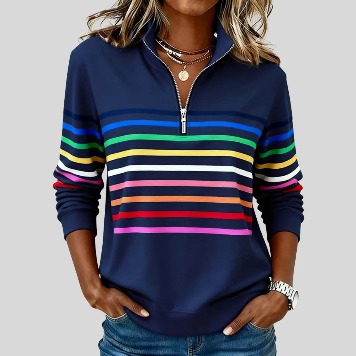 women's Striped Quarter-Zip Sweatshirt with Relaxed Fit 1