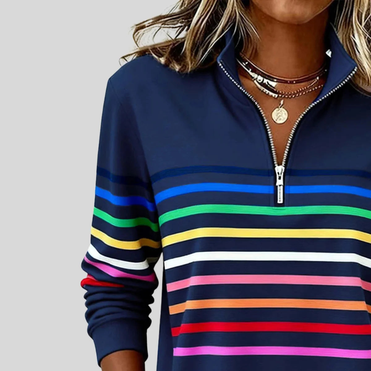 women's Striped Quarter-Zip Sweatshirt with Relaxed Fit 7