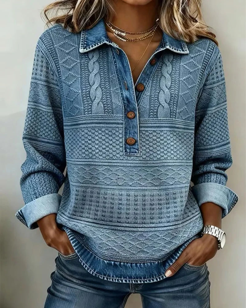 Denim-Style Collar Half Button Women's Sweatshirt – Textured Geometric Pattern 0