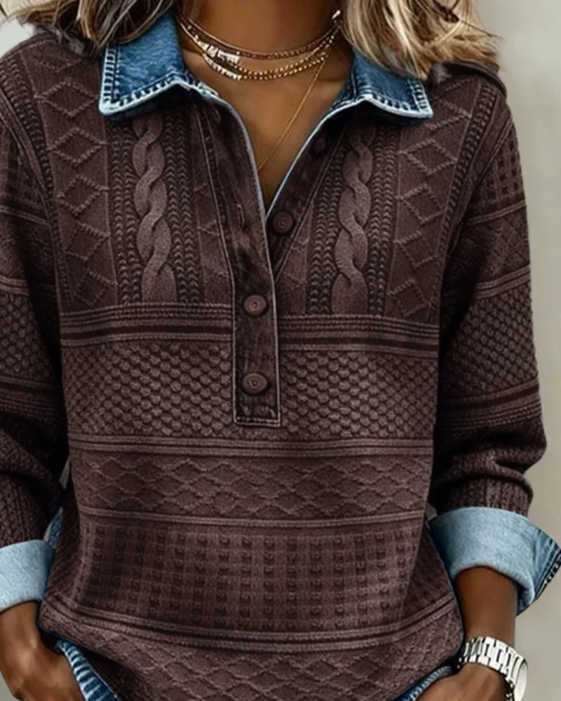 Denim-Style Collar Half Button Women's Sweatshirt – Textured Geometric Pattern 3
