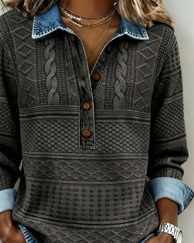 Denim-Style Collar Half Button Women's Sweatshirt – Textured Geometric Pattern 5