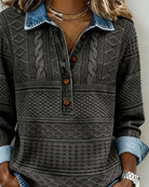 Denim-Style Collar Half Button Women's Sweatshirt – Textured Geometric Pattern 5