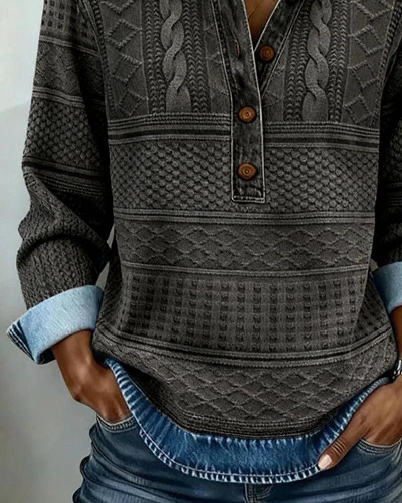 Denim-Style Collar Half Button Women's Sweatshirt – Textured Geometric Pattern 6