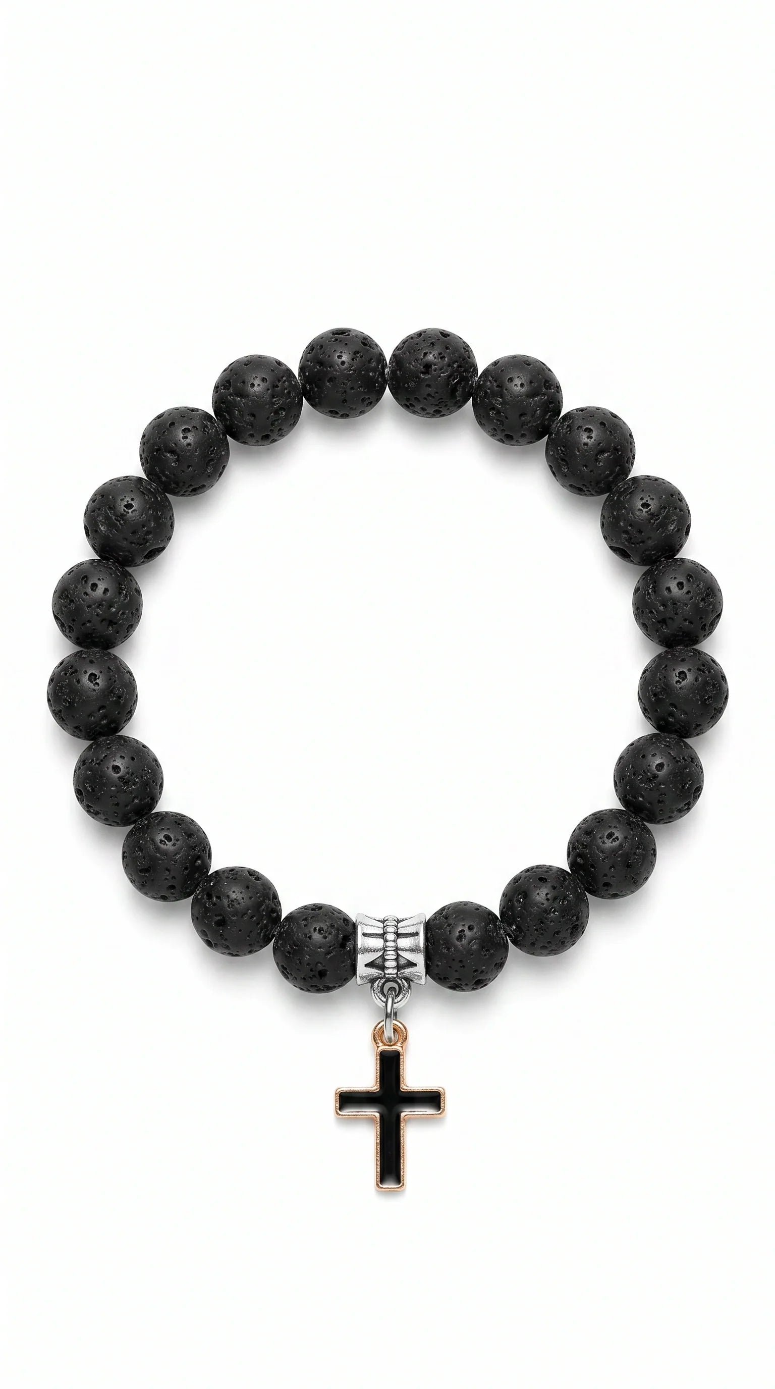 Men's Black Lava Stone Bracelet with Stainless Steel Cross Centerpiece 0
