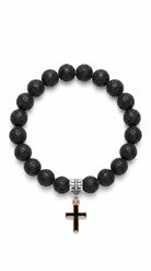 Men's Black Lava Stone Bracelet with Stainless Steel Cross Centerpiece 0