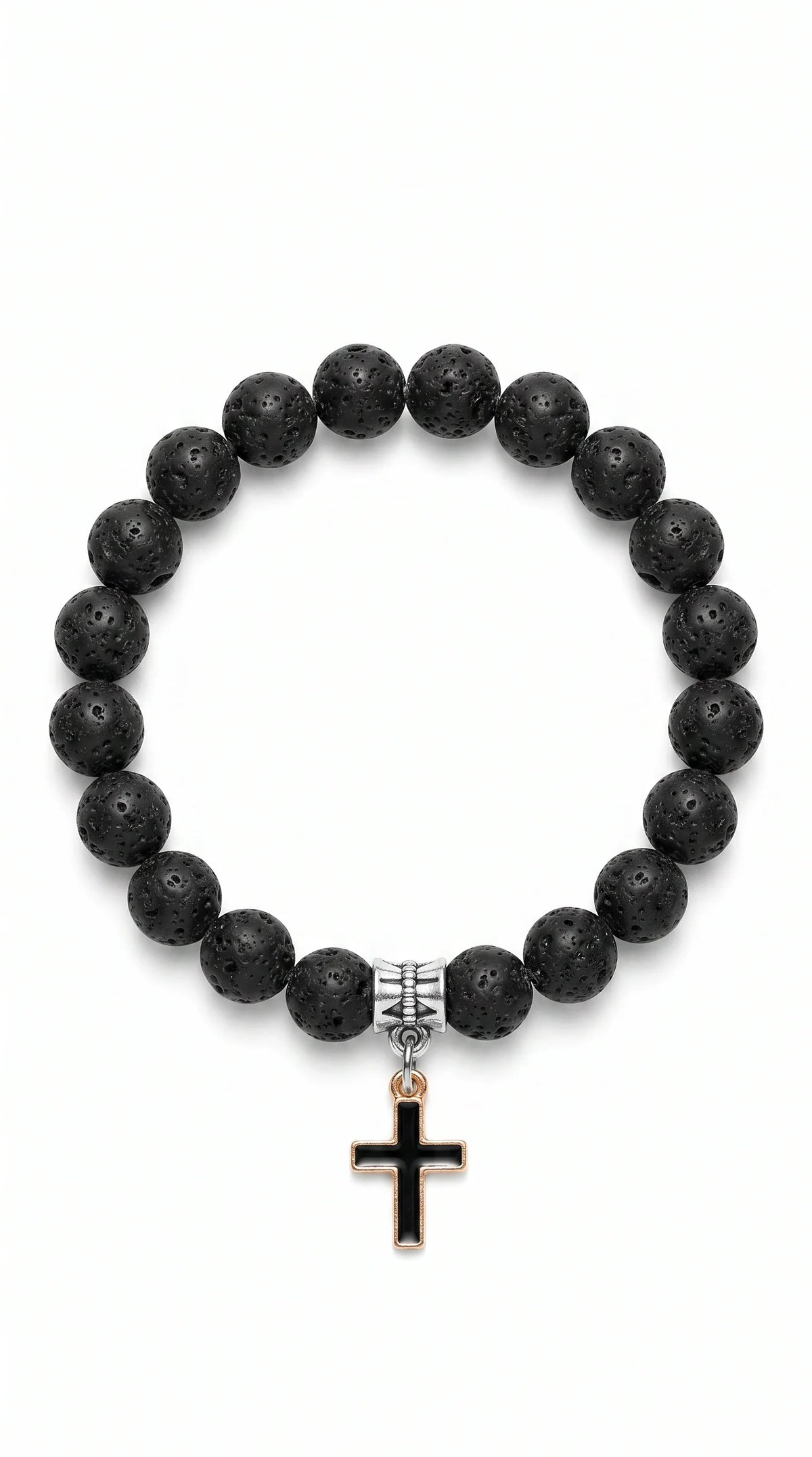 Men's Black Lava Stone Bracelet with Stainless Steel Cross Centerpiece 0