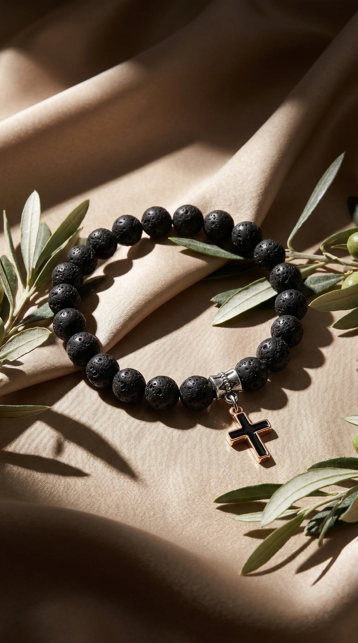 Men's Black Lava Stone Bracelet with Stainless Steel Cross Centerpiece 2