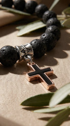 Men's Black Lava Stone Bracelet with Stainless Steel Cross Centerpiece 3
