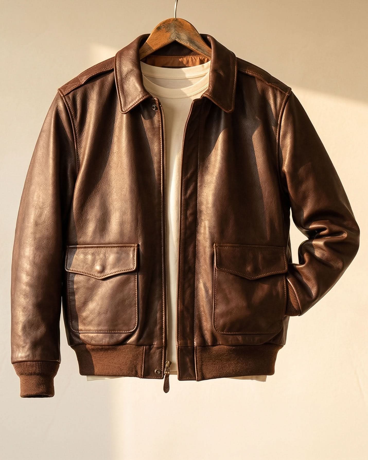 Men's Bomber Leather Jacket with Zip Front and Patch Pockets 0