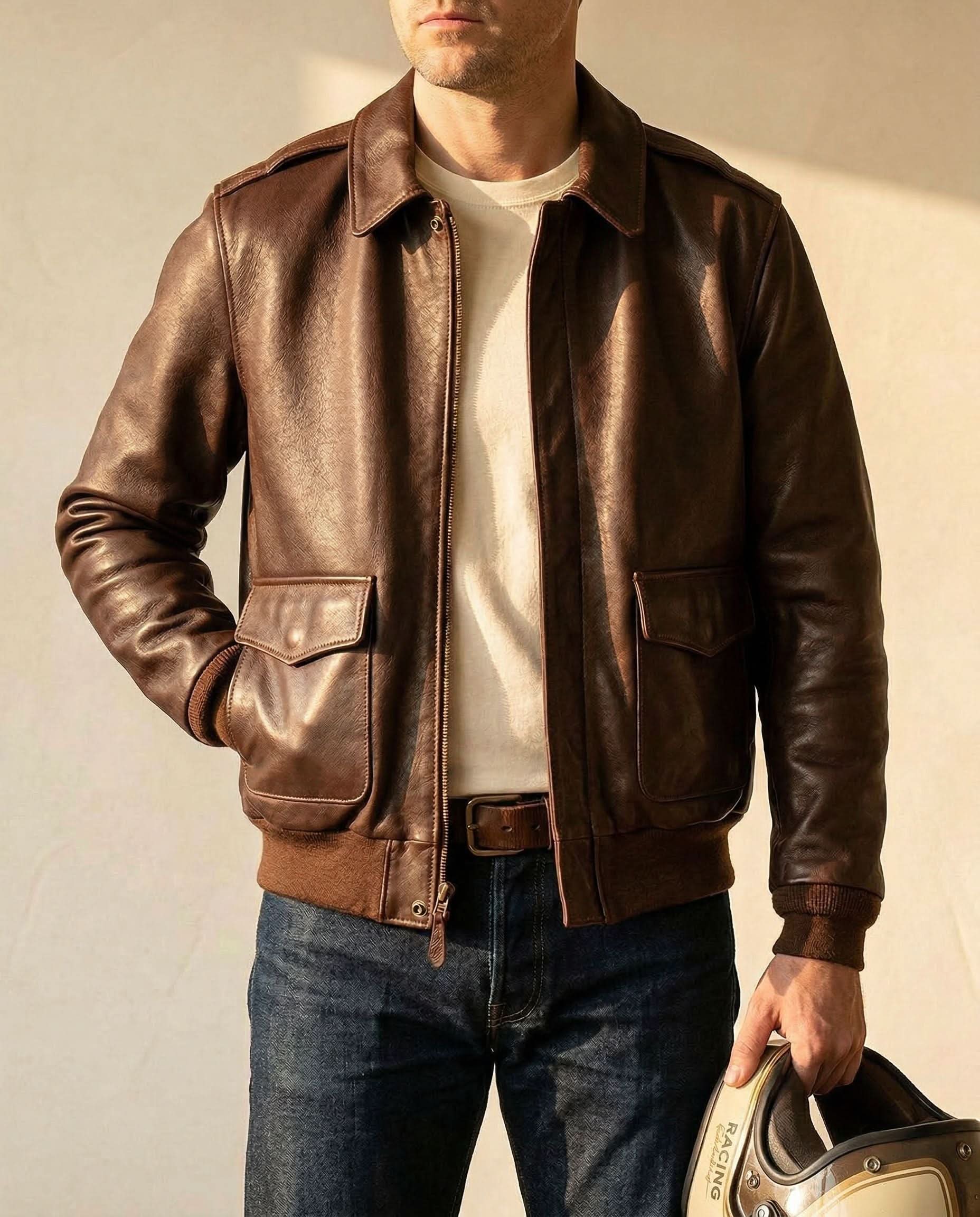 Men's Bomber Leather Jacket with Zip Front and Patch Pockets 2