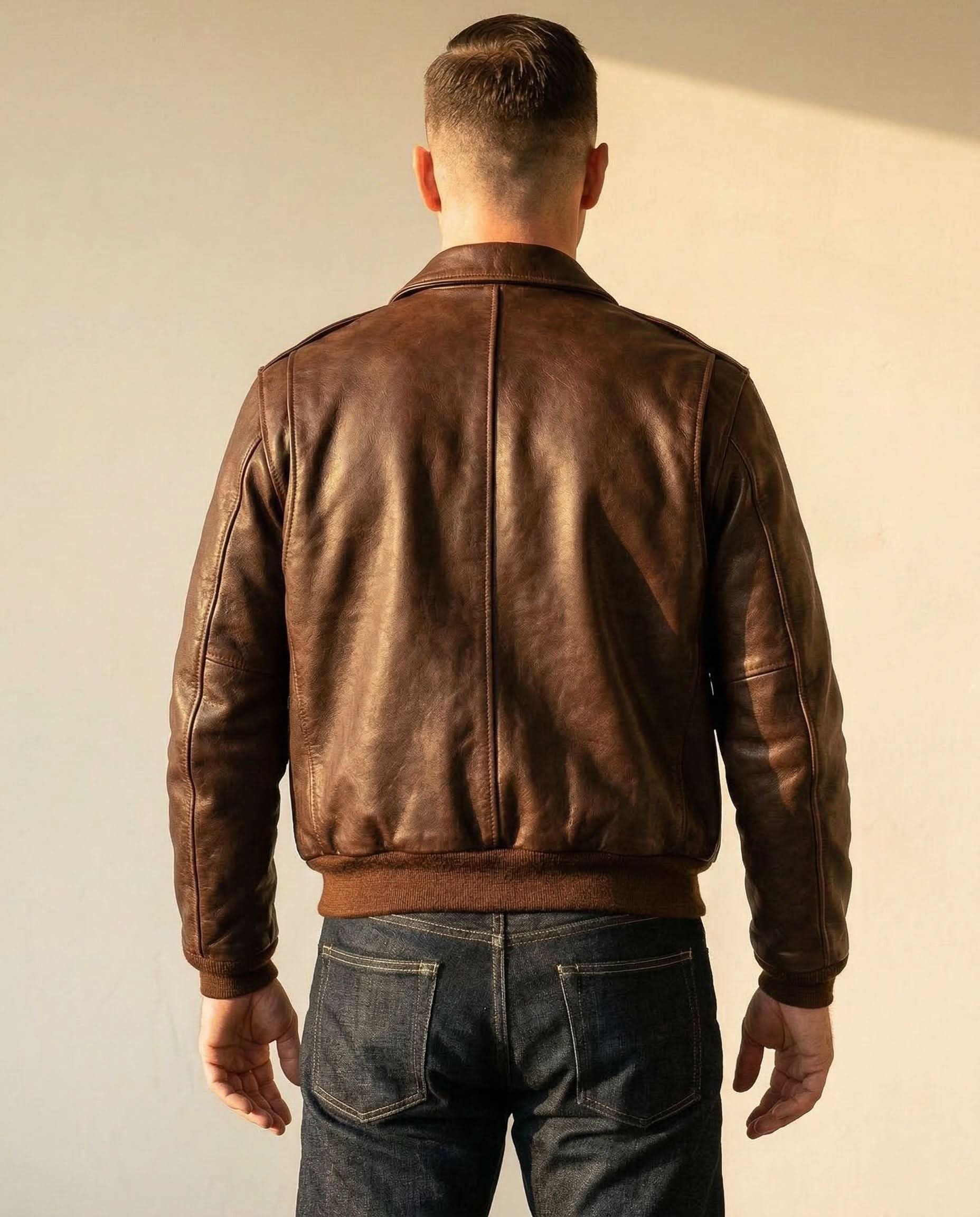 Men's Bomber Leather Jacket with Zip Front and Patch Pockets 4