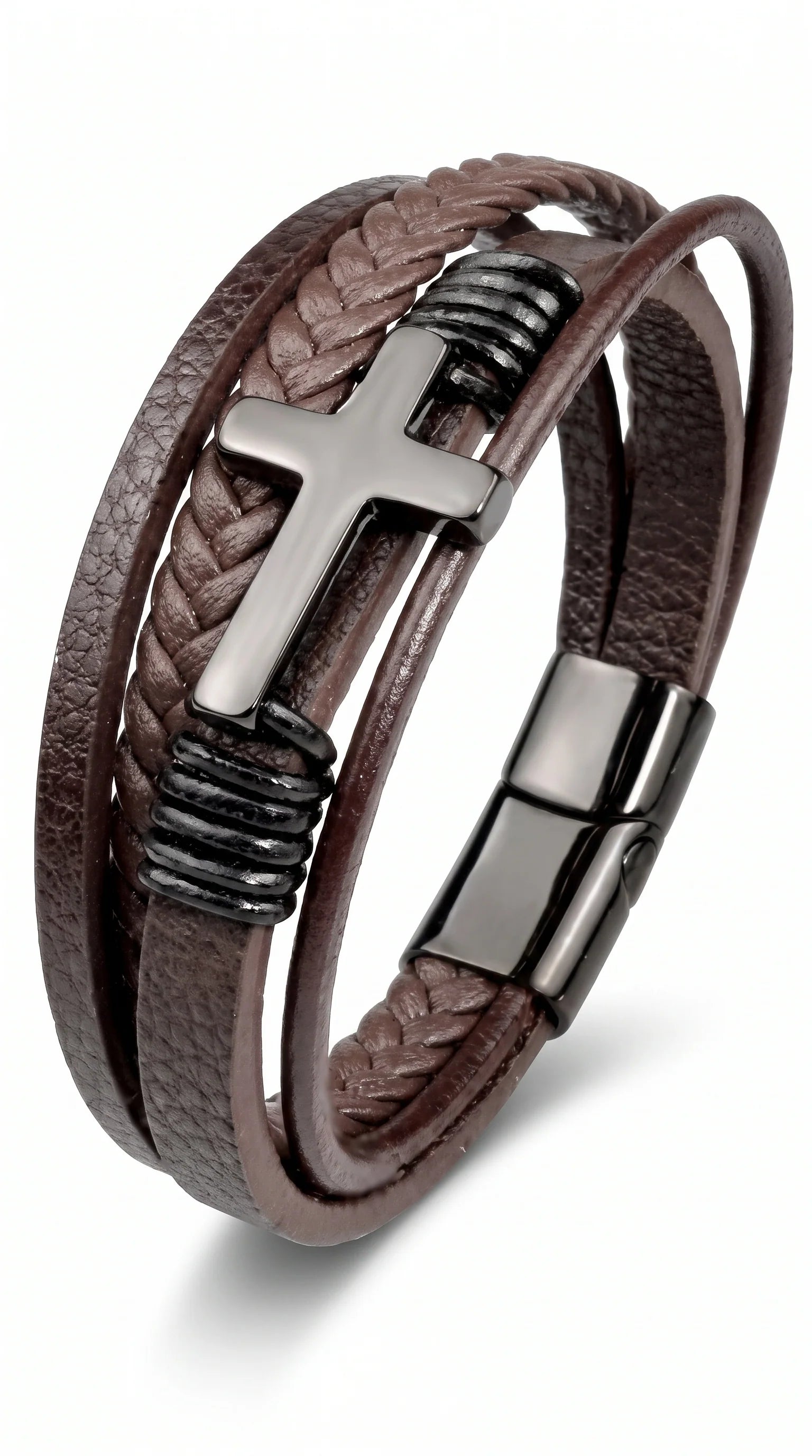 Men's Braided Leather Bracelet with Magnetic Clasp and Cross Detail 0