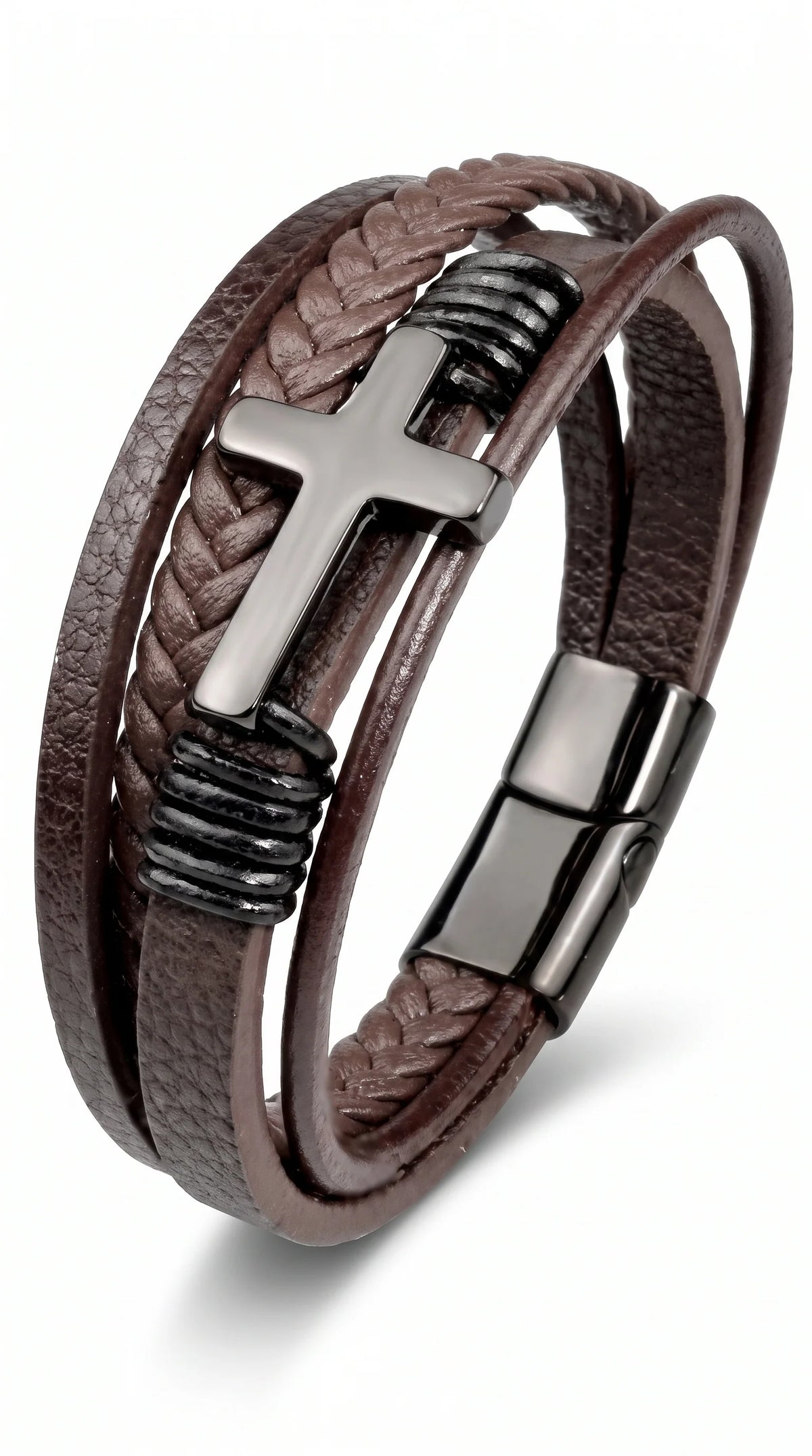 Men's Braided Leather Bracelet with Magnetic Clasp and Cross Detail 0