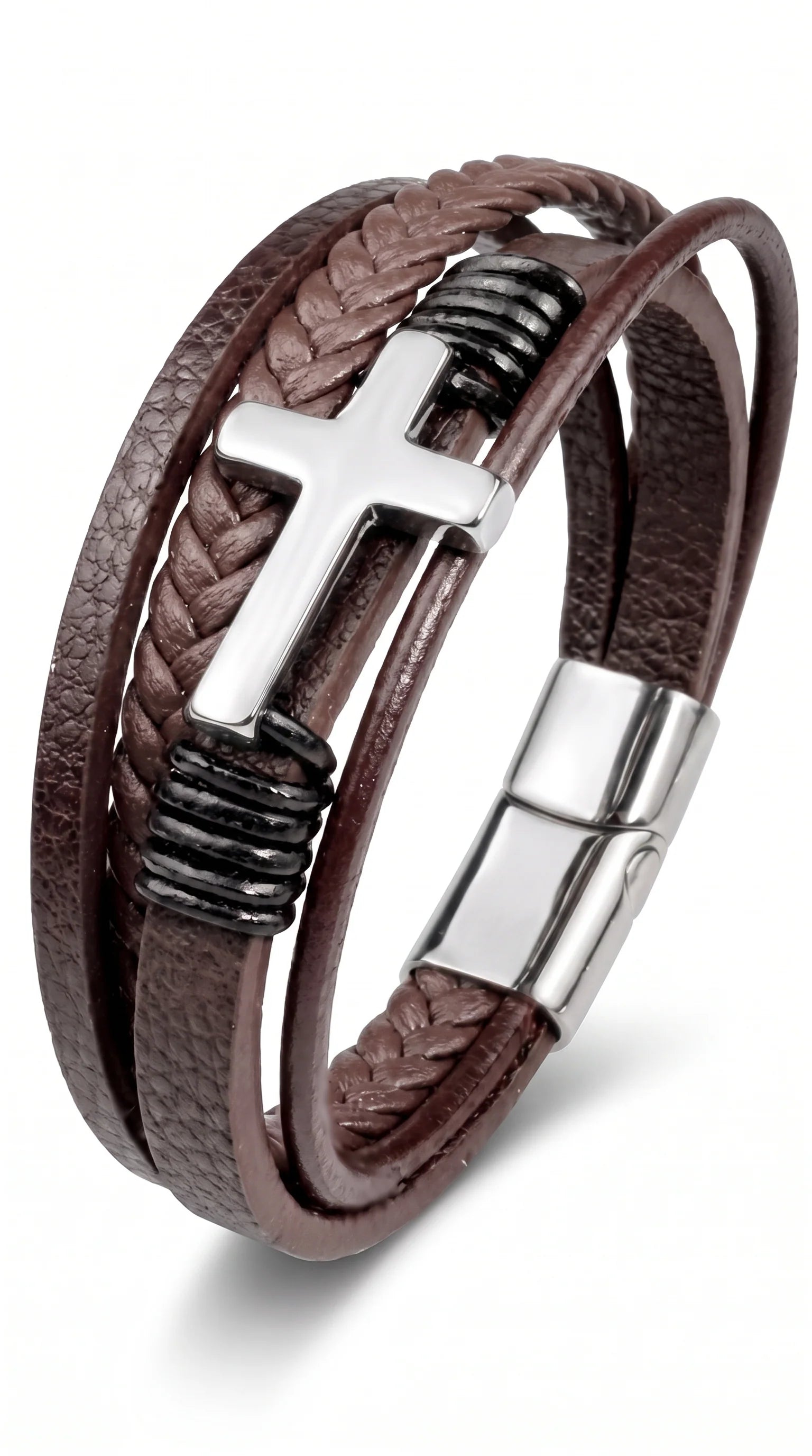Men's Braided Leather Bracelet with Magnetic Clasp and Cross Detail 1