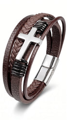 Men's Braided Leather Bracelet with Magnetic Clasp and Cross Detail 1