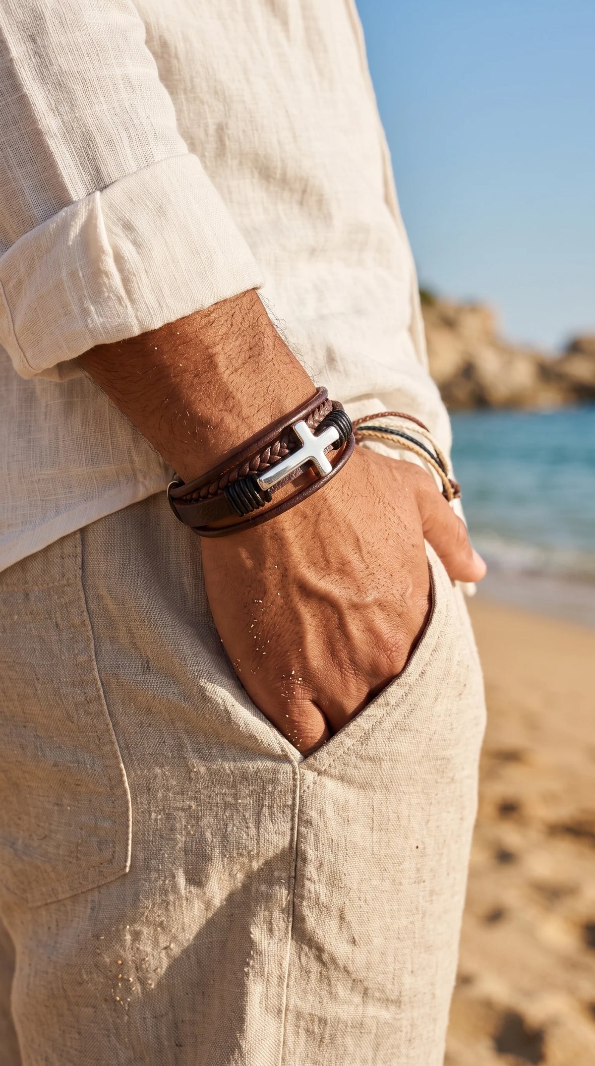 Men's Braided Leather Bracelet with Magnetic Clasp and Cross Detail 3