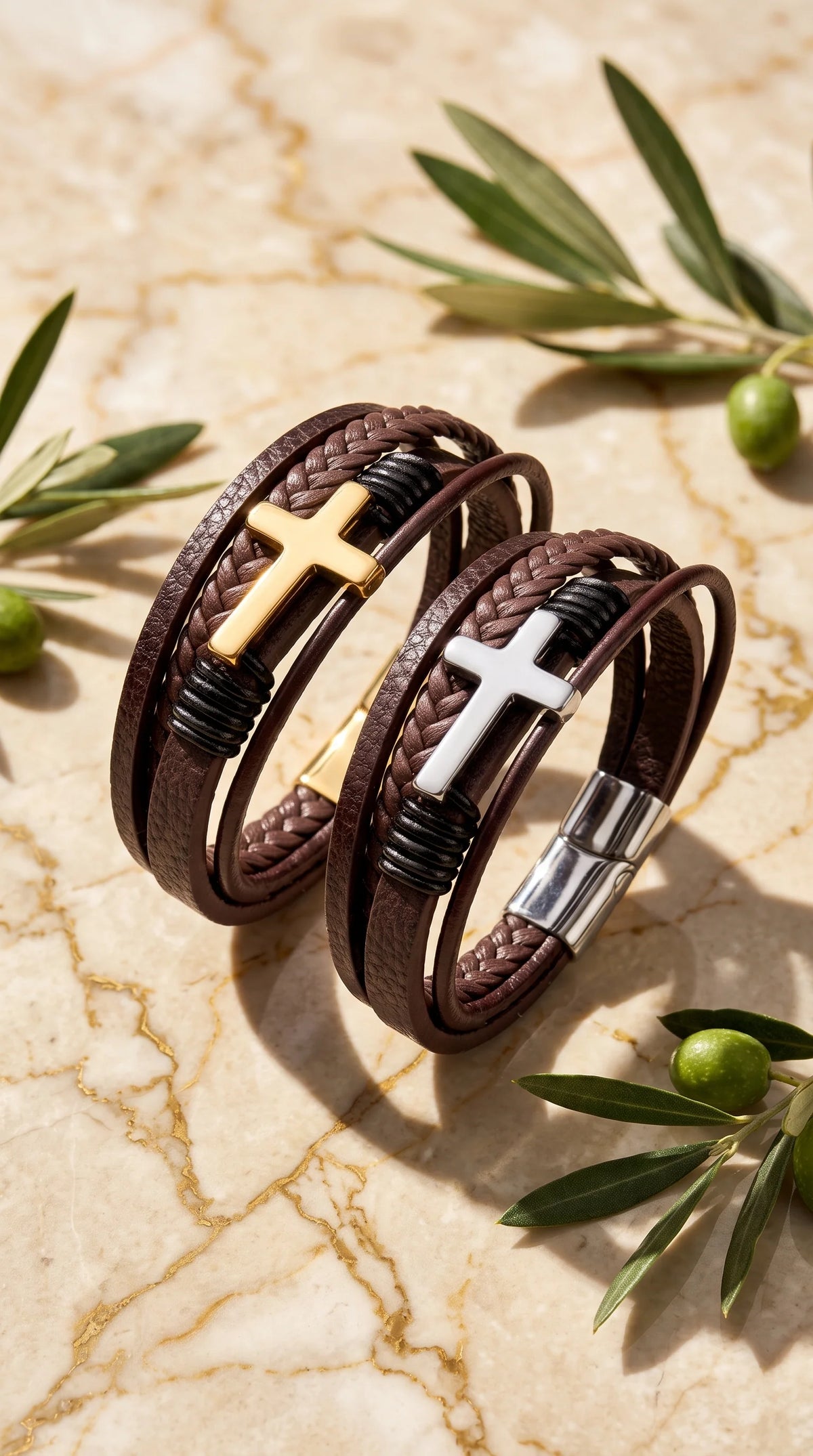 Men's Braided Leather Bracelet with Magnetic Clasp and Cross Detail 4