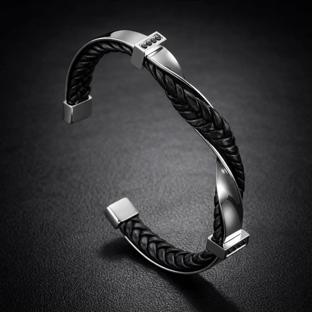 Men's Braided Leather Cuff Bracelet with Stainless Steel Accents 0