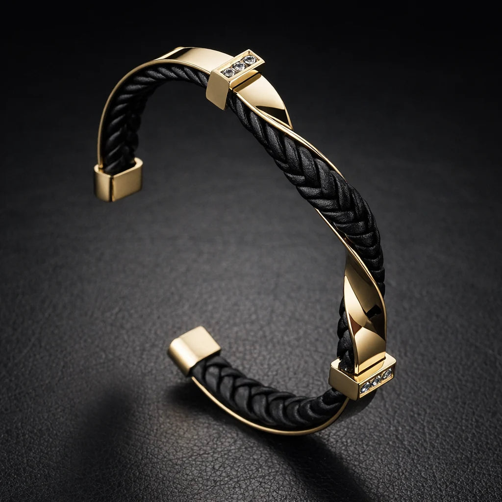 Men's Braided Leather Cuff Bracelet with Stainless Steel Accents 2