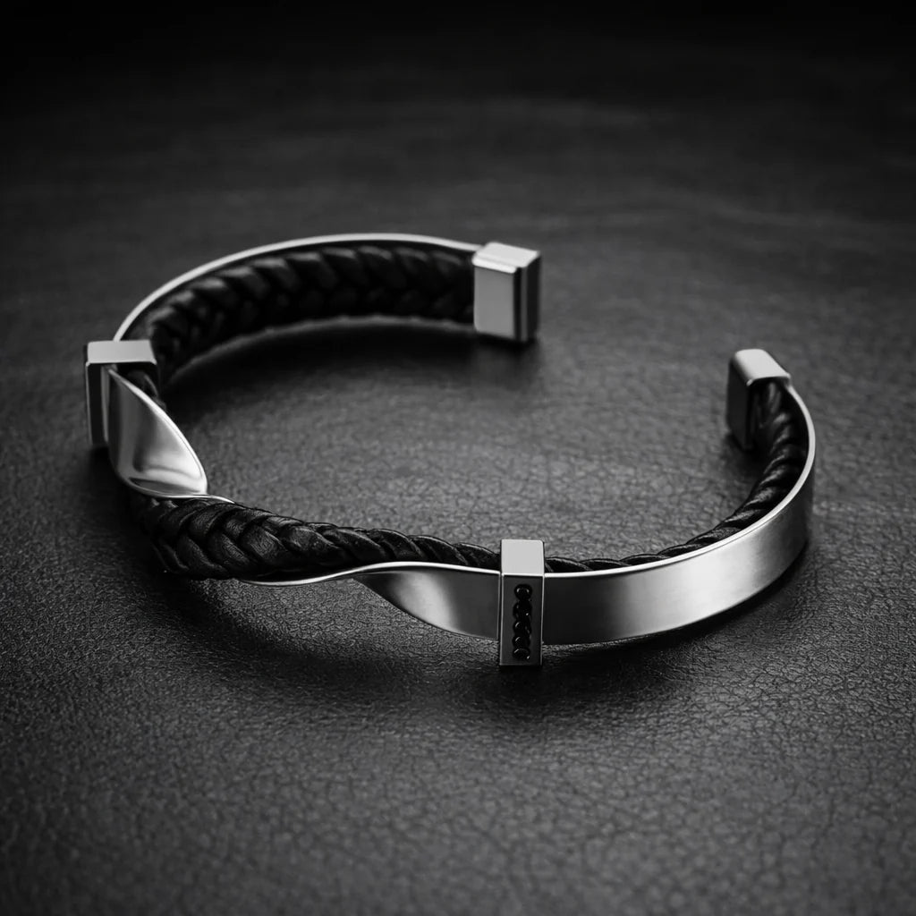 Men's Braided Leather Cuff Bracelet with Stainless Steel Accents 4