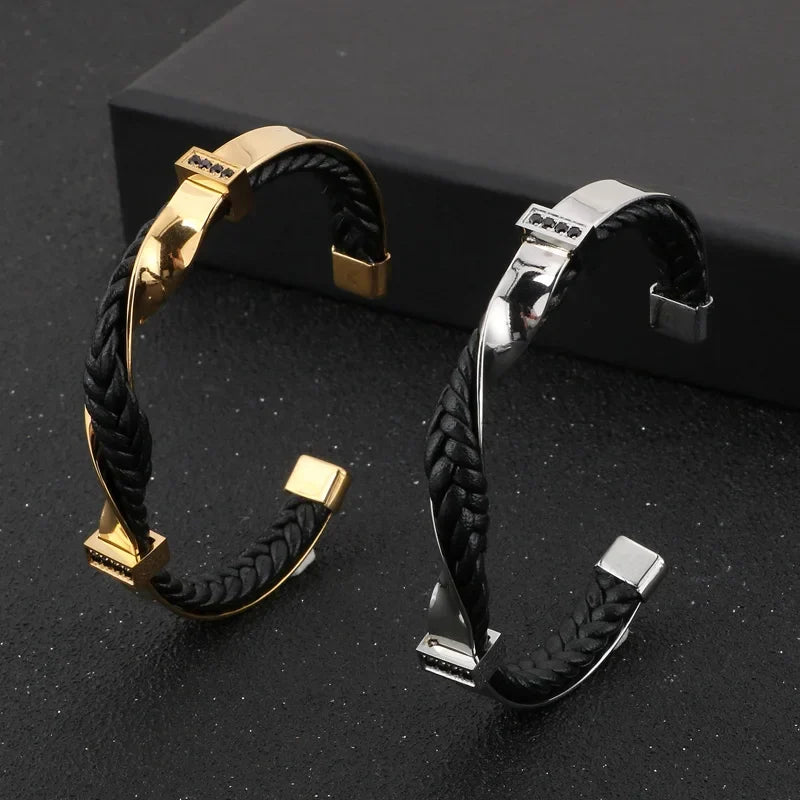 Men's Braided Leather Cuff Bracelet with Stainless Steel Accents 6