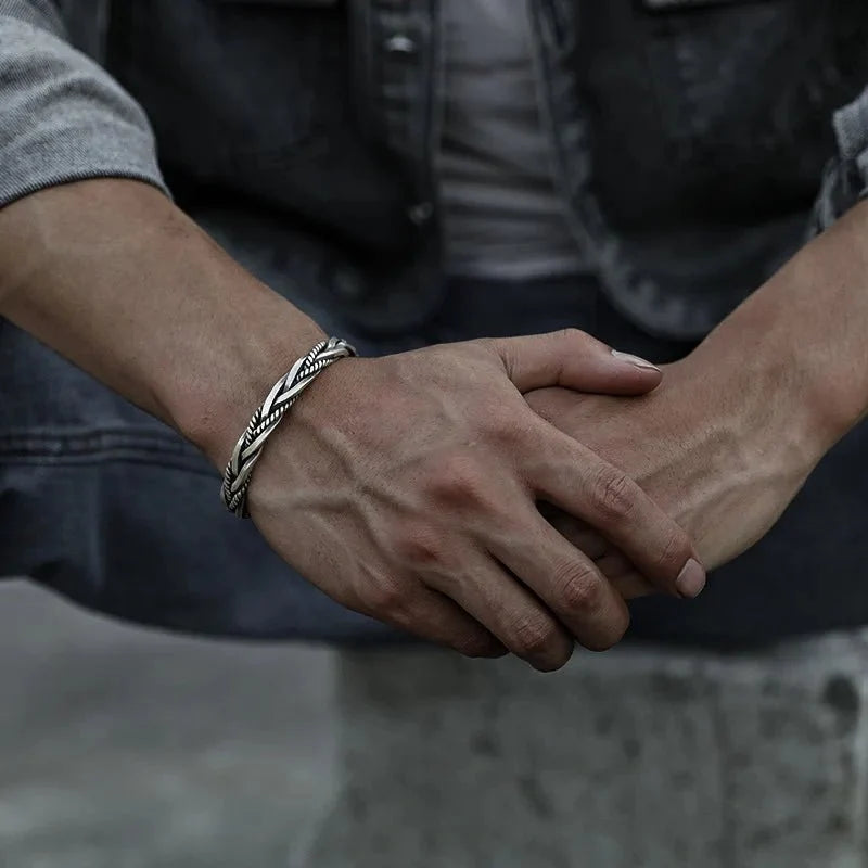 Men's Braided Silver Cuff Bracelet with Adjustable Open Design 1