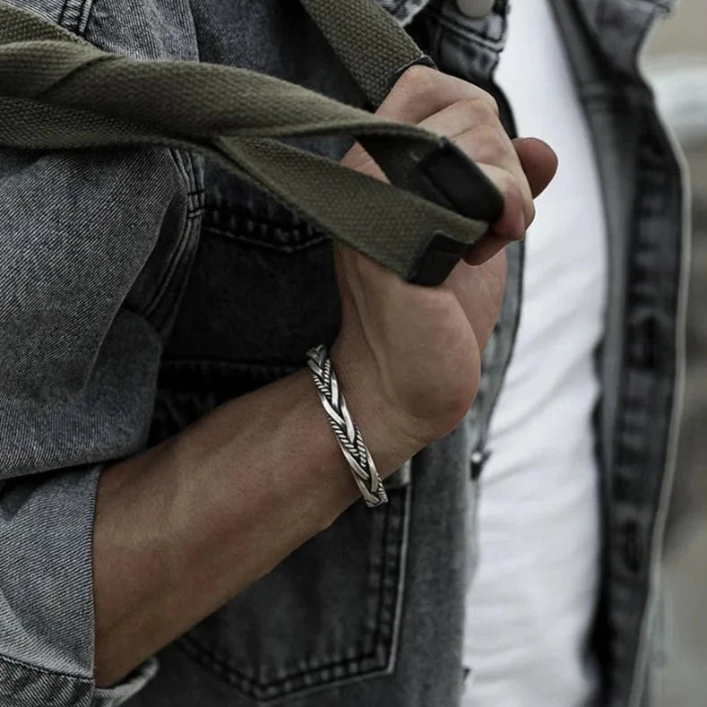 Men's Braided Silver Cuff Bracelet with Adjustable Open Design 2