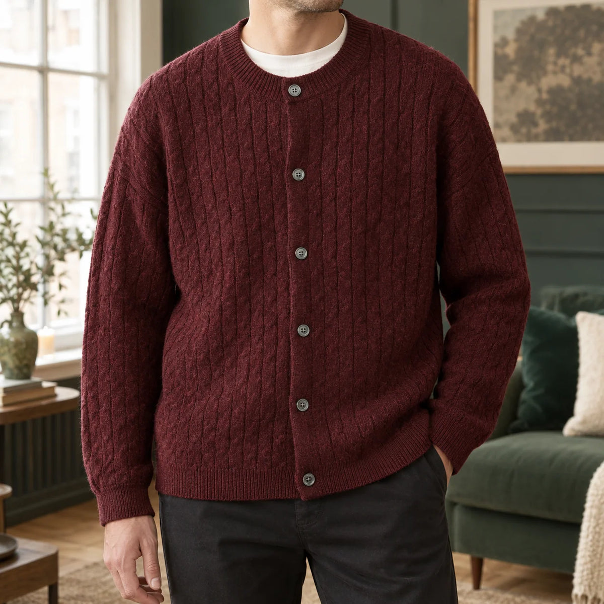 Men's Cable Knit Button-Front Cardigan with Relaxed Fit and Ribbed Trims 0