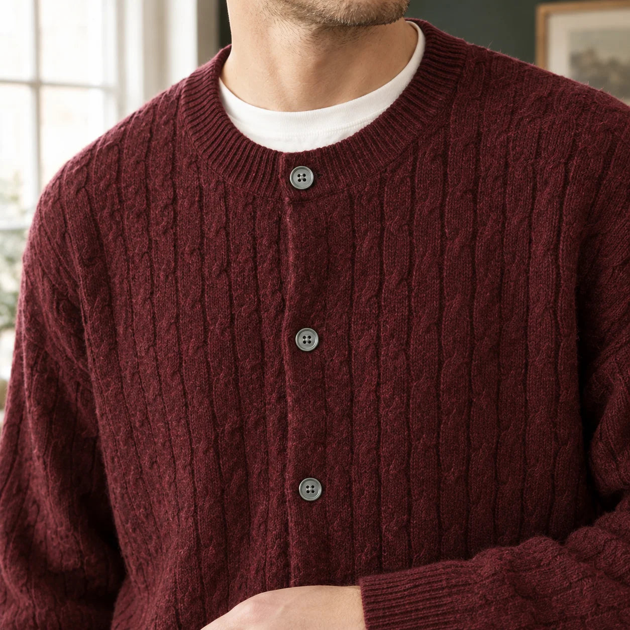 Men's Cable Knit Button-Front Cardigan with Relaxed Fit and Ribbed Trims 1
