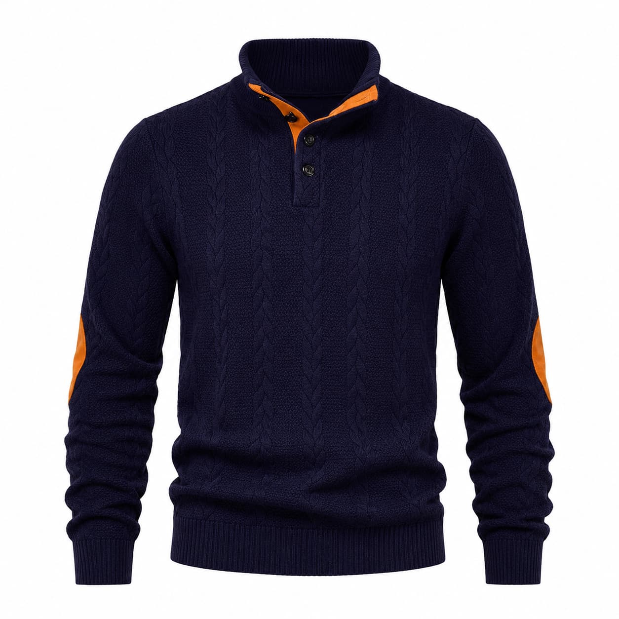 Men's Cable Knit Button Mock Neck Sweater with Contrast Collar Trim and Elbow Patches 0