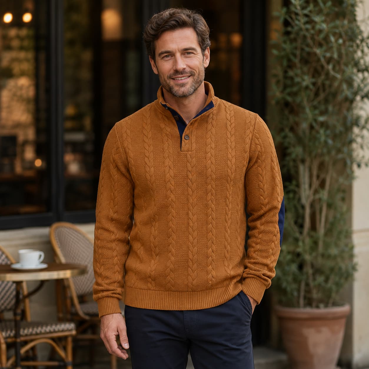 Men's Cable Knit Button Mock Neck Sweater with Contrast Collar Trim and Elbow Patches 1
