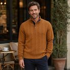 Men's Cable Knit Button Mock Neck Sweater with Contrast Collar Trim and Elbow Patches 1