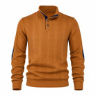 Men's Cable Knit Button Mock Neck Sweater with Contrast Collar Trim and Elbow Patches 2