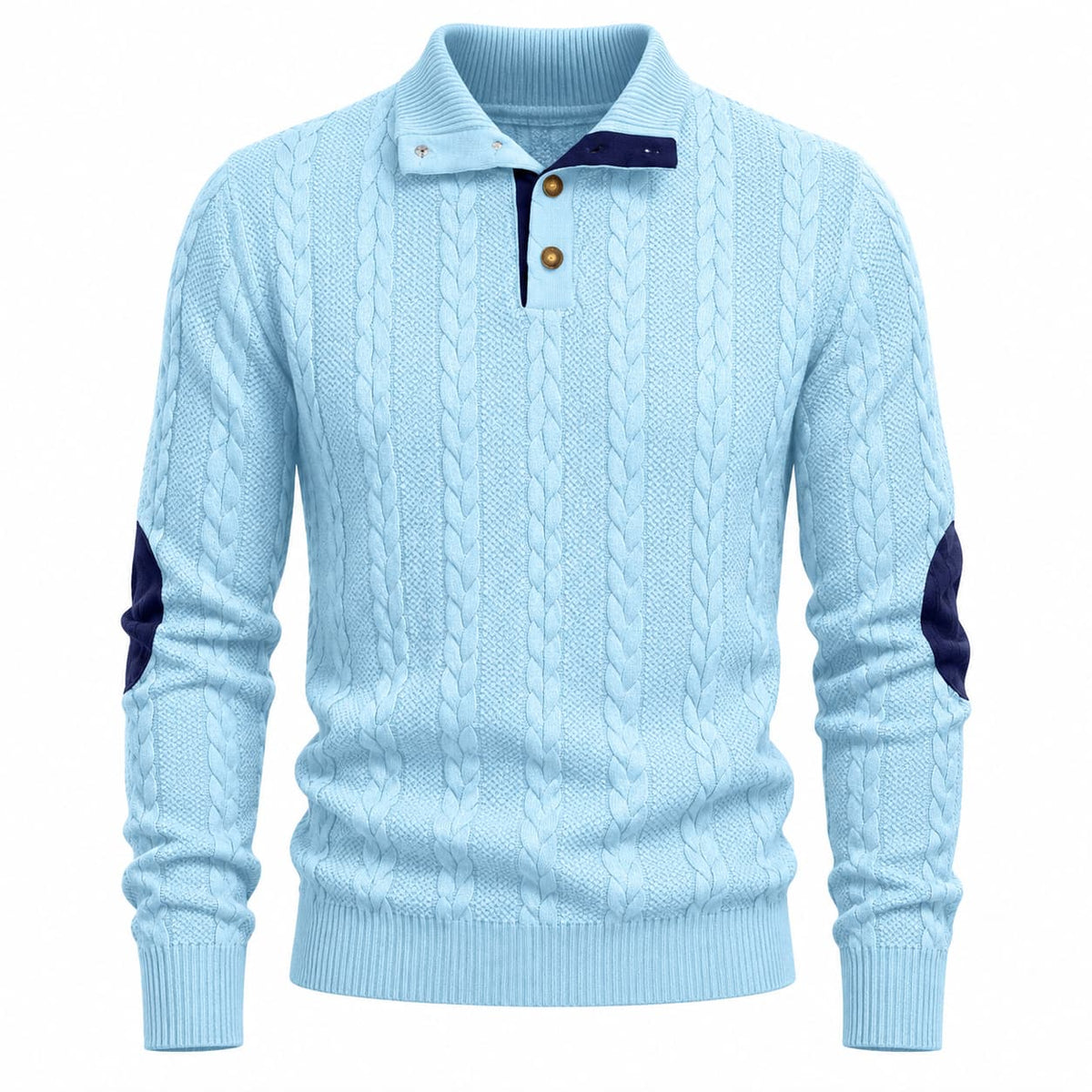 Men's Cable Knit Button Mock Neck Sweater with Contrast Collar Trim and Elbow Patches 3
