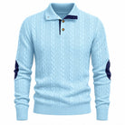 Men's Cable Knit Button Mock Neck Sweater with Contrast Collar Trim and Elbow Patches 3