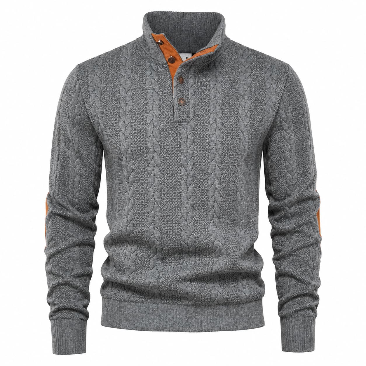 Men's Cable Knit Button Mock Neck Sweater with Contrast Collar Trim and Elbow Patches 4
