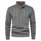 Men's Cable Knit Button Mock Neck Sweater with Contrast Collar Trim and Elbow Patches 4